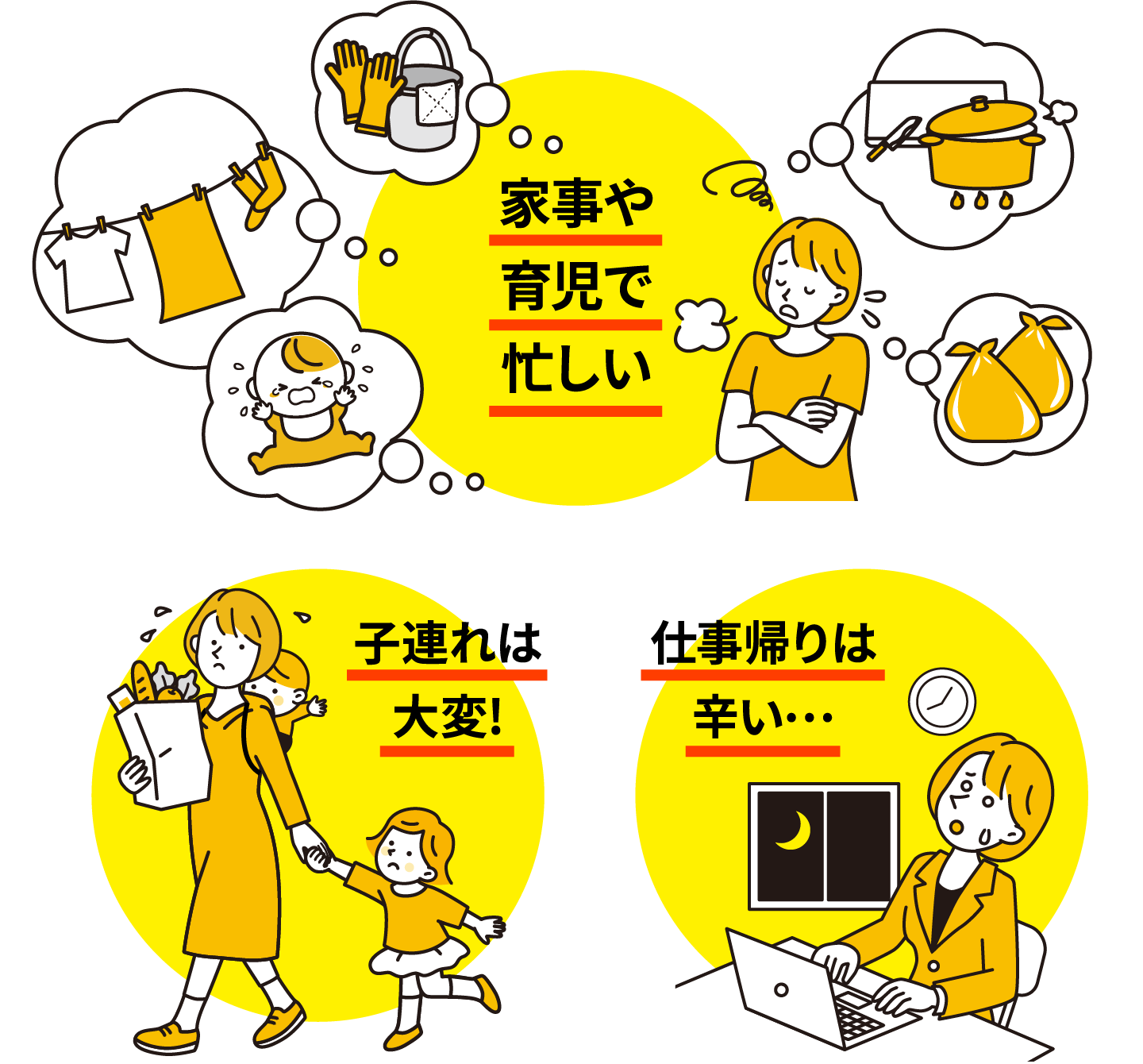 家事や育児で忙しい/子連れは大変!/仕事帰りは辛い…